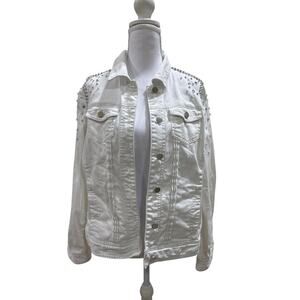 Chico’s Platinum White Denim Jacket Rhinestone Stud Women sz 1/M western glam